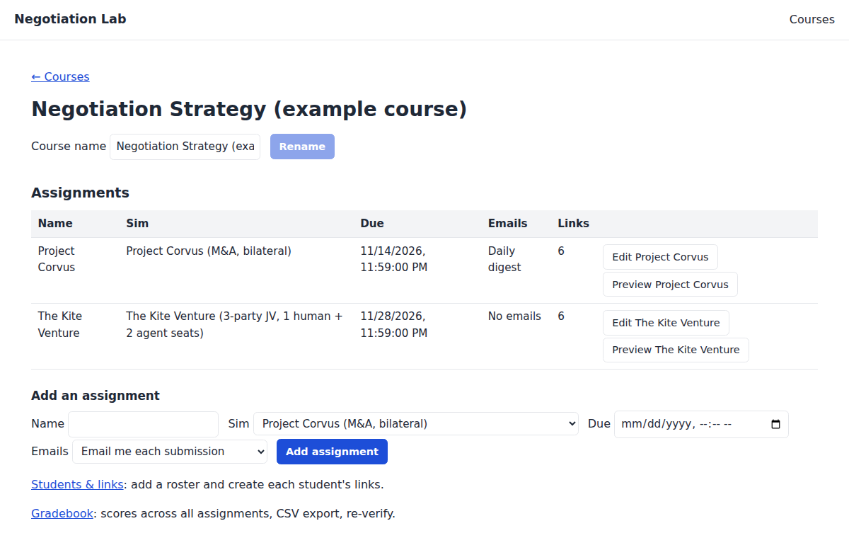 Course page listing two assignments, Project Corvus and The Kite Venture, with due dates, email settings, link counts and Edit and Preview buttons