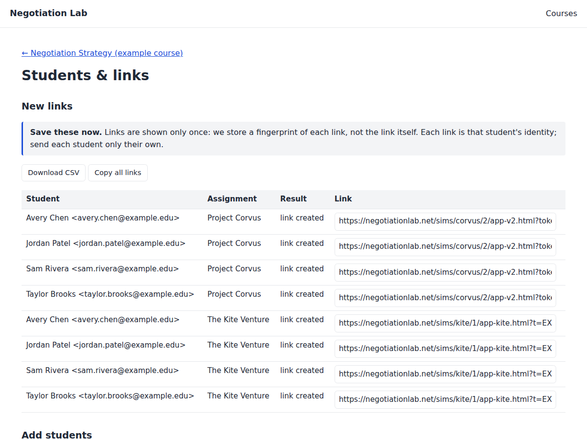 Students and links page showing newly created links for four example students across two assignments, with Download CSV and Copy all links buttons