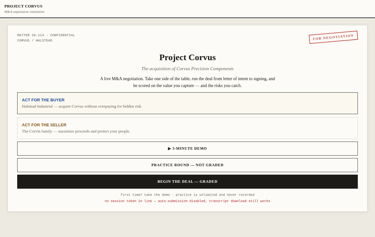 The Project Corvus simulation start screen, where the student chooses to act for the buyer or the seller